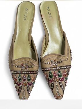 Vintage Y2K B.Y.O.S. Beaded Rhinestone Mule Heels Pointed Toe Kitten Heel